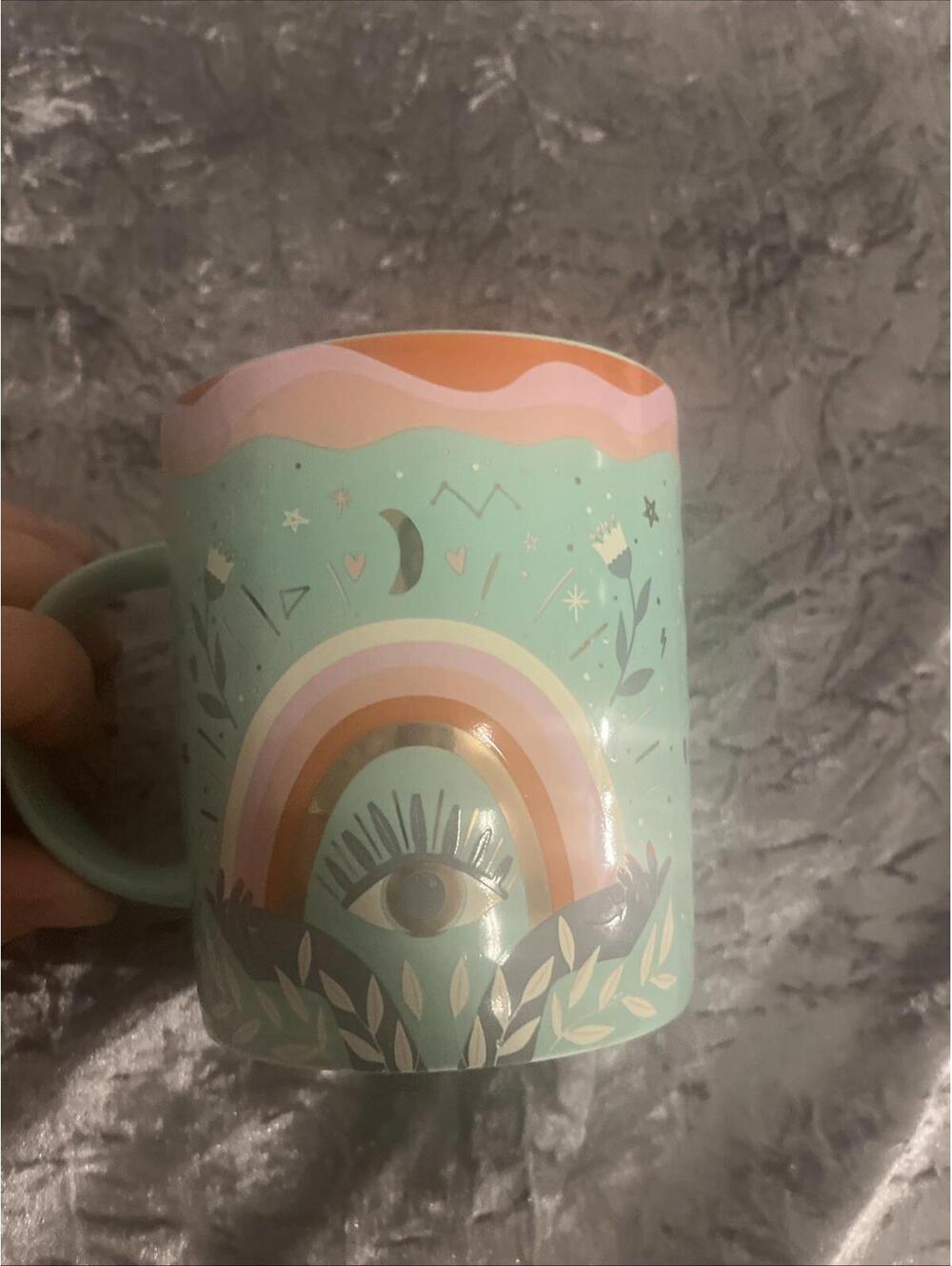 PRIMO DESIGN MUG. BOHO EYE EYE DESIGN COFFEE MUG. 20 Oz GREEN DECO MUG. B419